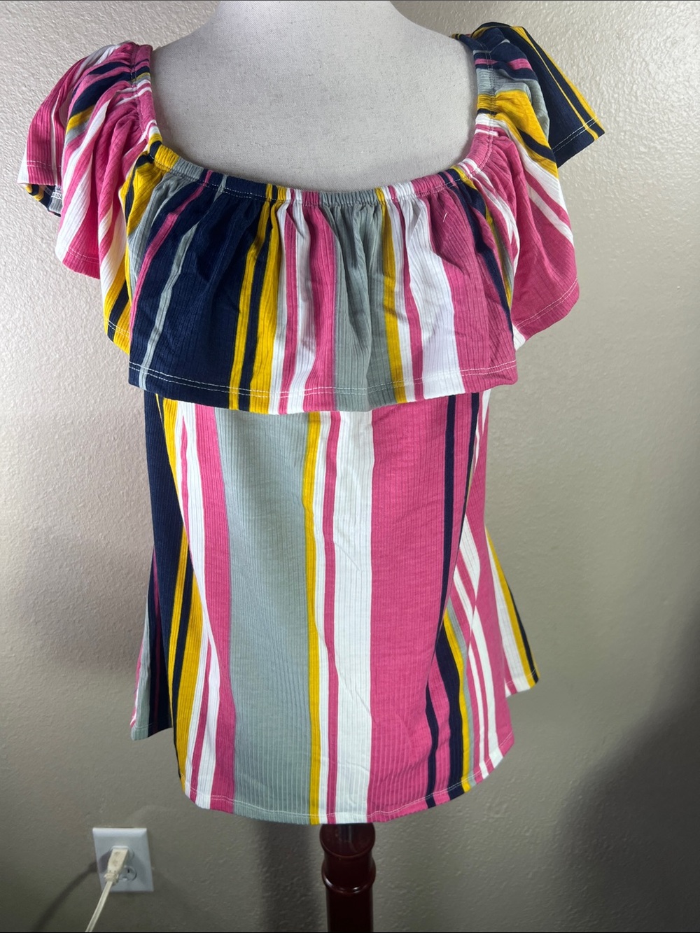 Off-Shoulder Striped Ruffle Tunic in Pink, Navy & Yellow